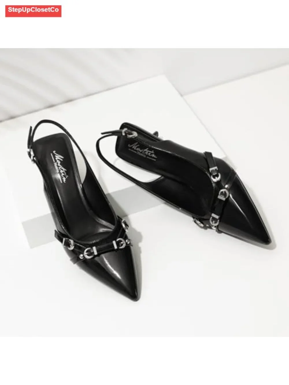 Kitten Heels Women Pointed Toe Pumps Patent Leather Slingback Low Heel Dress